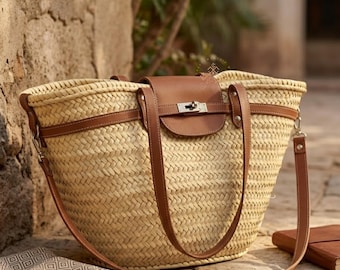 Brown Large Straw Basket Bag with Leather Straps, French Market Basket, Moroccan Palm Tote, Boho Beach Bag, Summer Raffia Tote, Gift for Her