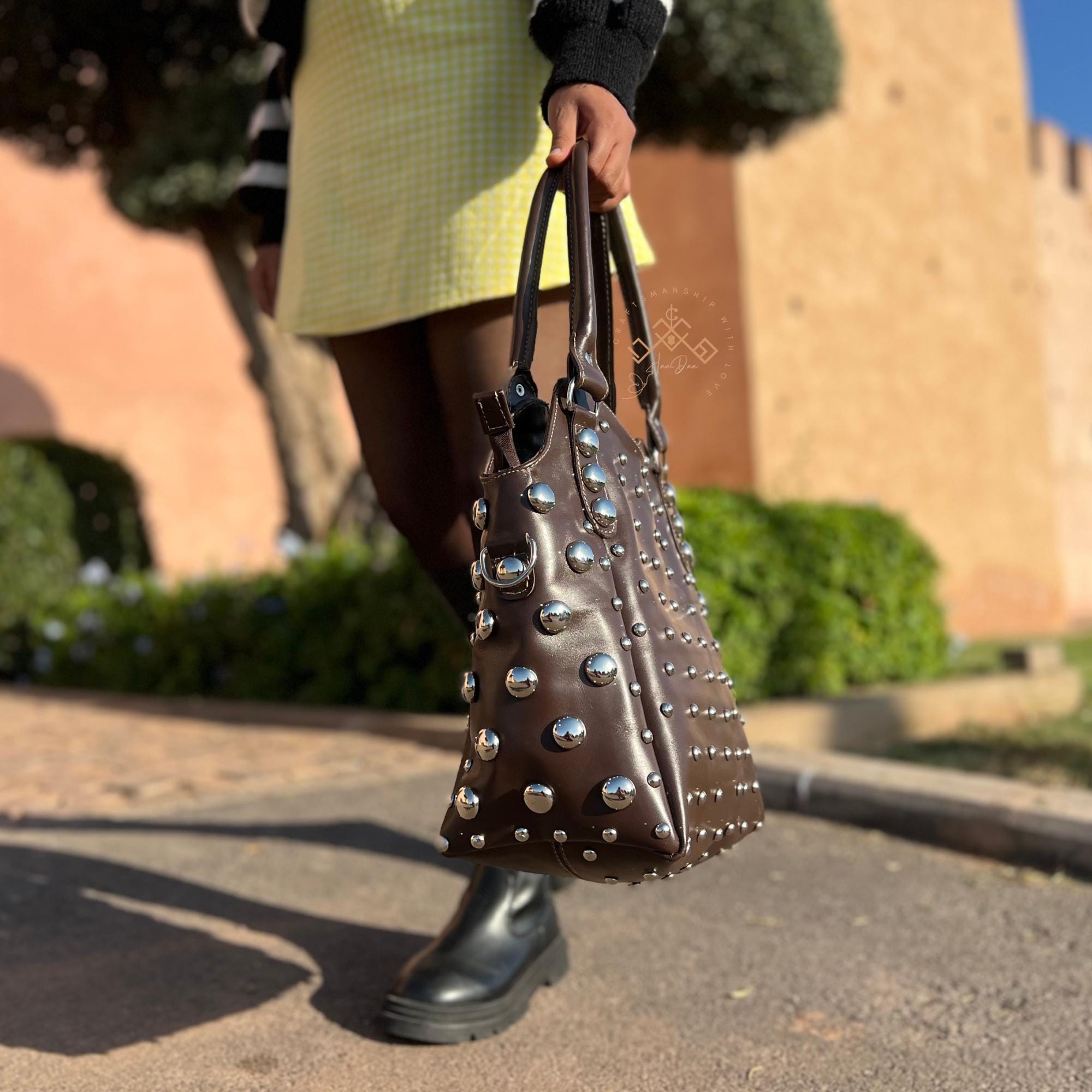 Polka Dot Studded Leather Tote Bag, Studded Leather Handbag Polka Dot Studded Leather Tote Bag, Studded Leather Handbag