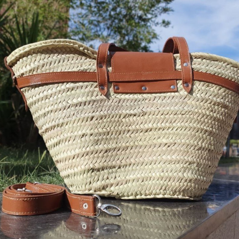 handmade large straw french baskets with leather straps, straw basket bag with leather handles, woven palm leaves basket with black handle image 7