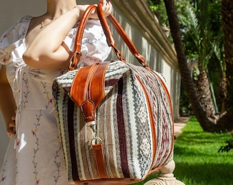 Personalized Leather Duffel Bag, Moroccan Carpet Travel Bag, Weekender Carry On Bag, Handmade Overnight Bag, Gift for Women & Men