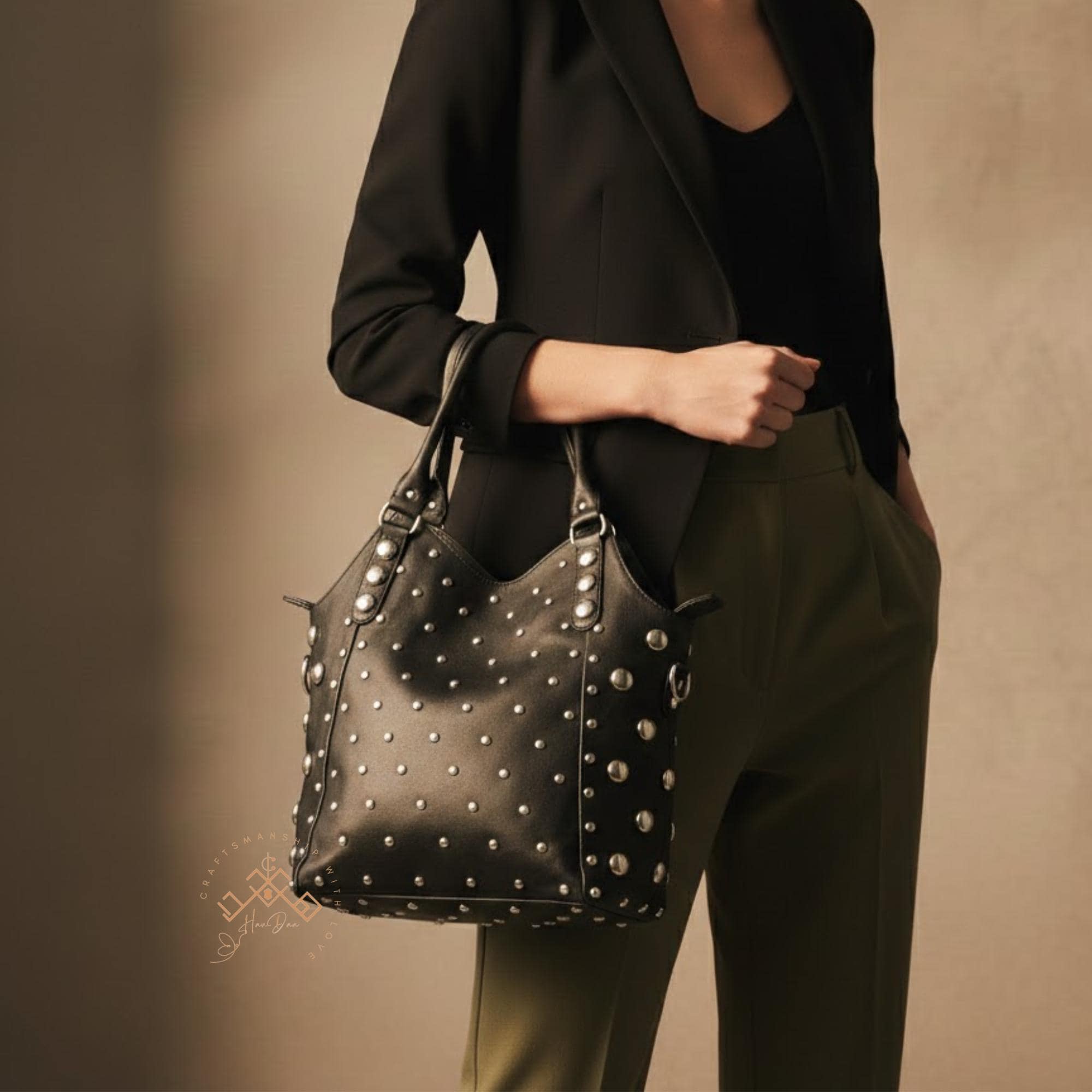 ブラックシルバースタッズバッグ、スタッズレザーハンドバッグ、豪華な