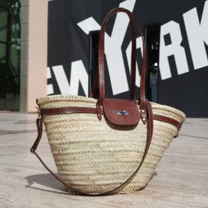 handmade large straw french baskets with leather straps, straw basket bag with leather handles, woven palm leaves basket with black handle image 3