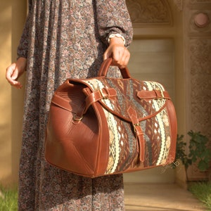 Personalized kilim travel leather bag for women, carpet Leather Weekend Bag, Vintage Leather weekender Handmade Travel Duffel Gift for Her
