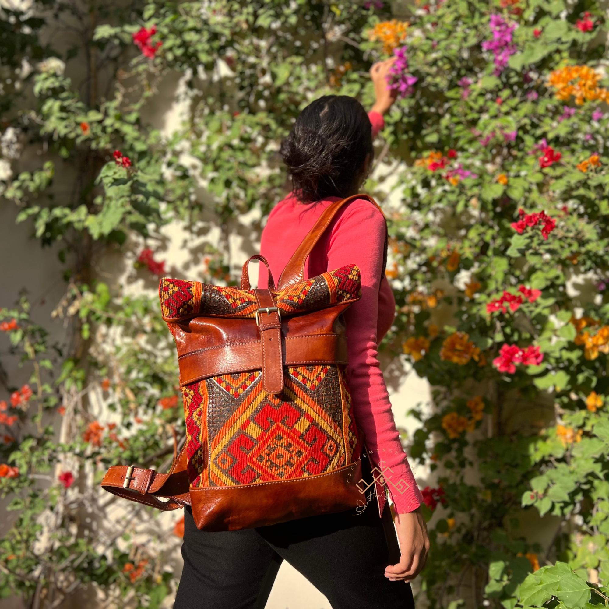 Kilim Handcrafted Backpacks, Leather Backpack With Rug  display picture 2