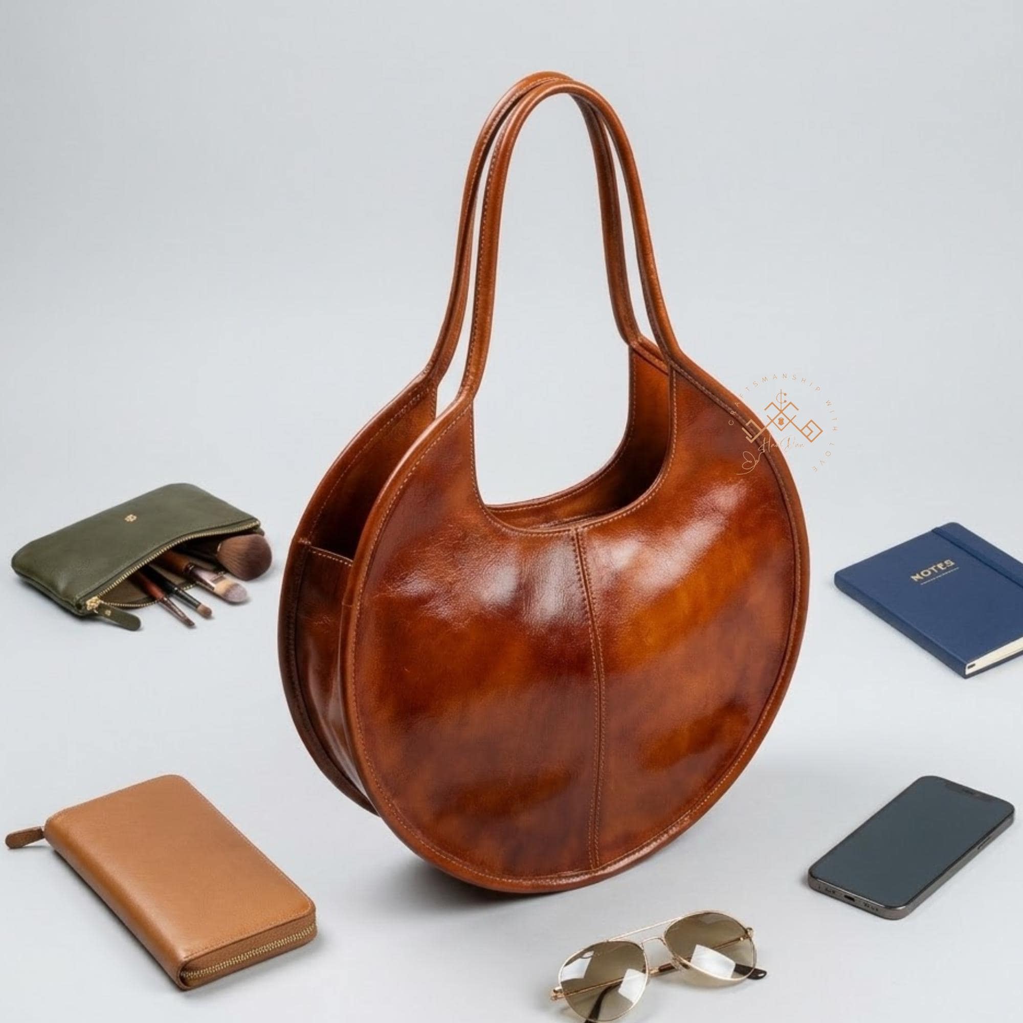 Oversized Round Leather Tote – Handmade Moroccan Bag – Large