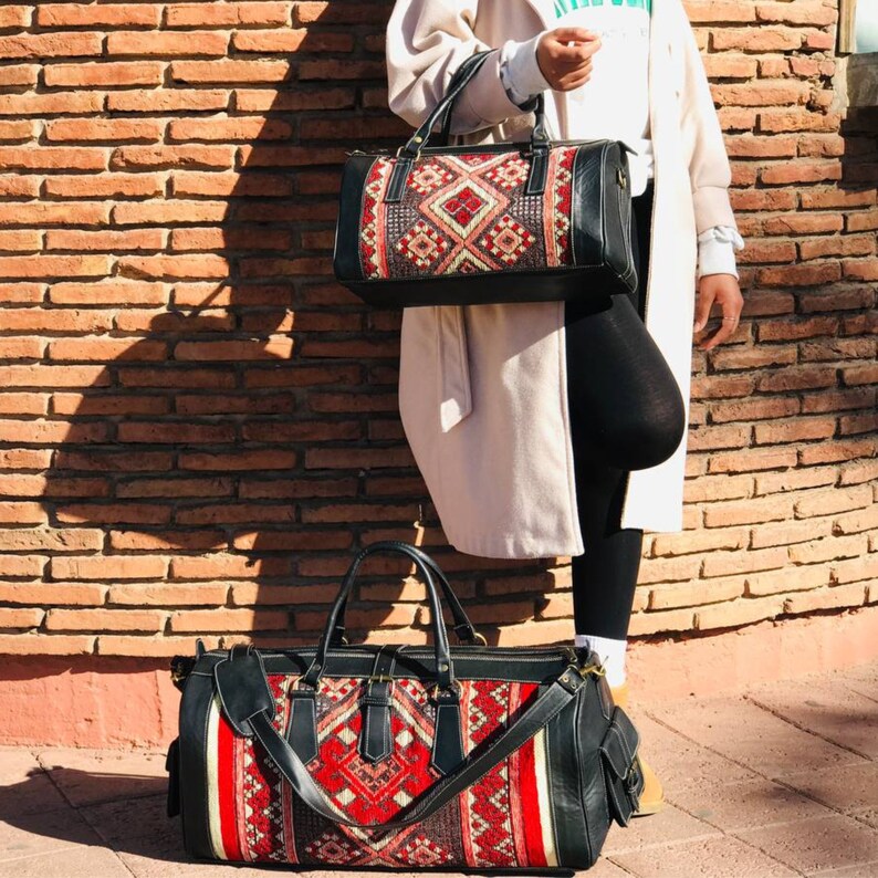 moroccan kilim leather travel weekend bag for men and women image 9