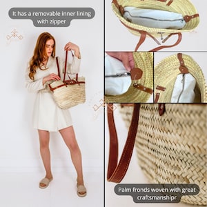 May include: Woven straw tote bag with brown leather handles and trim. The bag features a removable inner lining with a zip. The bag is made from palm fronds woven with great craftsmanship.