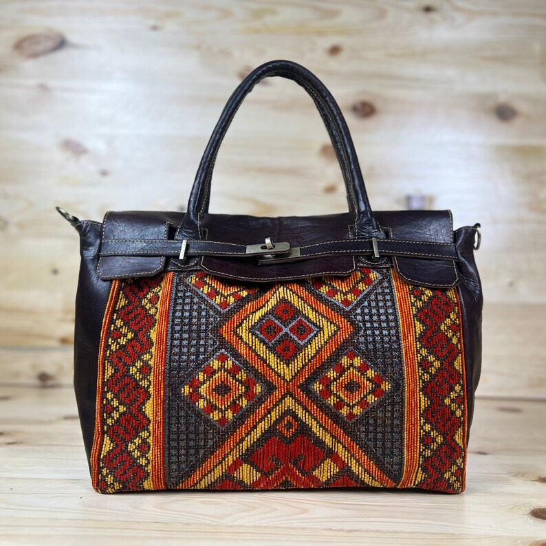 women kilim tote bag, moroccan carpet leather handbag, kilim travel handbag, kilim design red tote bag, carpet shoulder bag, Gift for her Brown darker