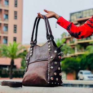 Polka dot Studded leather tote bag, Studded leather handbag, luxurious tote bag, Vintage Fanny Studded Bag, polka dot leather shoulder bag. image 3
