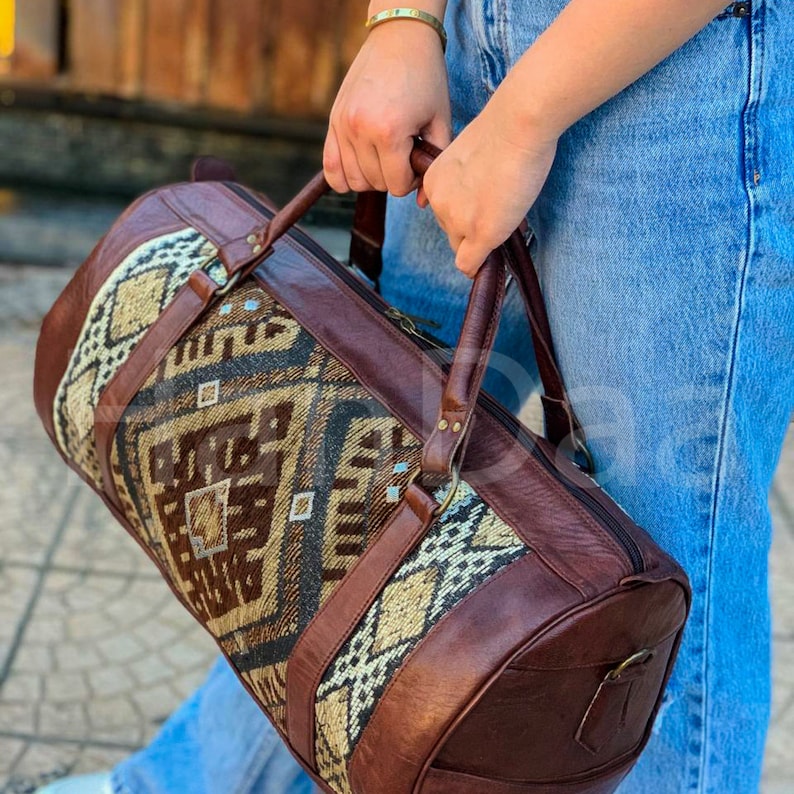 Moroccan kilm Travel Bag, Carpet Leather Duffel Bag, western duffel bag, Handmade Travel weekend bag, Overnight rug Bag, gift for her image 3