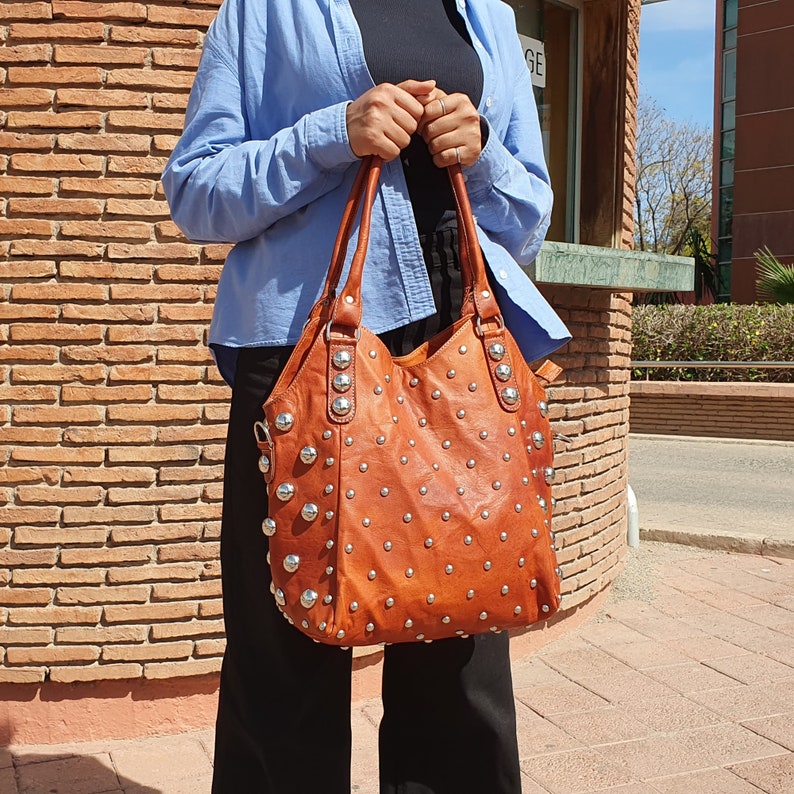 polka dot leather shoulder bag handmade rivet studded tote bag women Brown