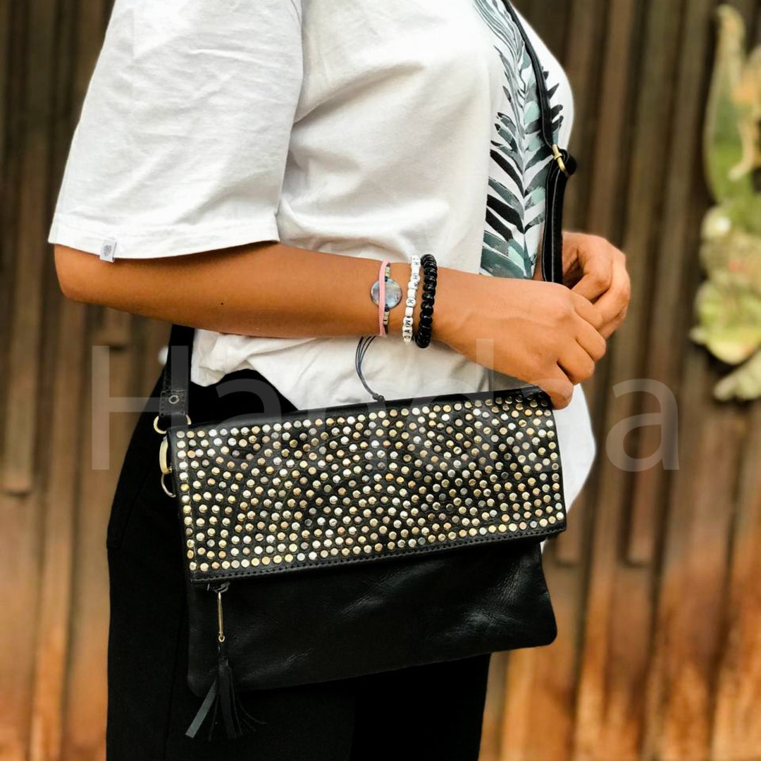 Studded Leather Wallet for Ladies, Convertible Leather Purse, Studded