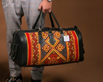 kilim handcrafted genuine leather travel bag with carpet design for both men and women