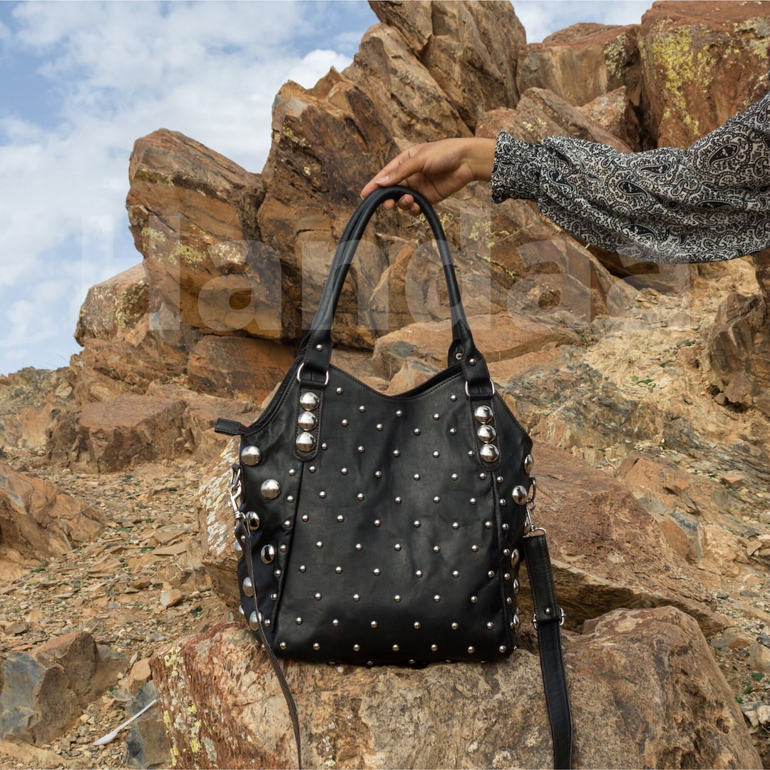 Handmade Polka Dot Leather Shoulder Bag, Rivet Studded Tote Bag for ...