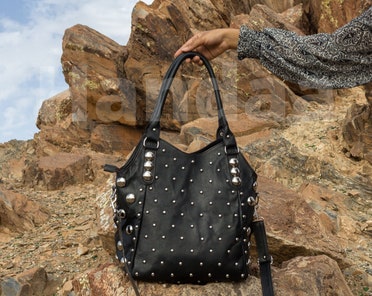Handmade Polka Dot Leather Shoulder Bag, Rivet Studded Tote Bag