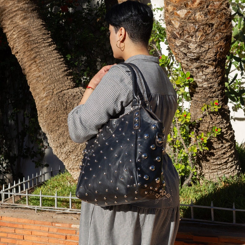 Personalized Studded leather handbag, Shoulder Bag with Rivets, Polka dot Studded leather tote bag, luxurious tote bag, gift for her image 4