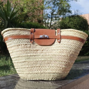 handmade large straw french baskets with leather straps, straw basket bag with leather handles, woven palm leaves basket with black handle image 6