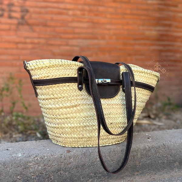 handmade large straw french baskets with leather straps, straw basket bag with leather handles, woven palm leaves basket with black handle