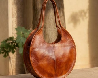 Round Leather Shoulder Bag Women, Large Circle Leather Bag, Oversized Brown Leather Purse, Minimalist Boho Shoulder Bag,Gift for her