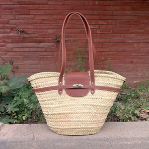 handmade large straw french baskets with leather straps, straw basket bag with leather handles, woven palm leaves basket with black handle image 9