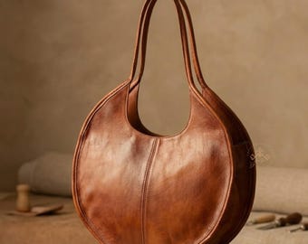 Moroccan Brown Shoulder Bag, Round Leather Shoulder Bag Women, Oversized Circle Leather Tote, Handmade Leather Handbag, Large Round Purse,