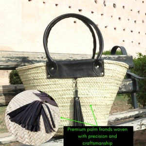 Moroccan Woven Palm Leaves Basket Bag With Leather Handles - Black ...