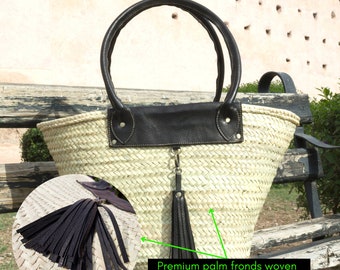 Moroccan Woven Palm Leaves Basket Bag With Leather Handles Black