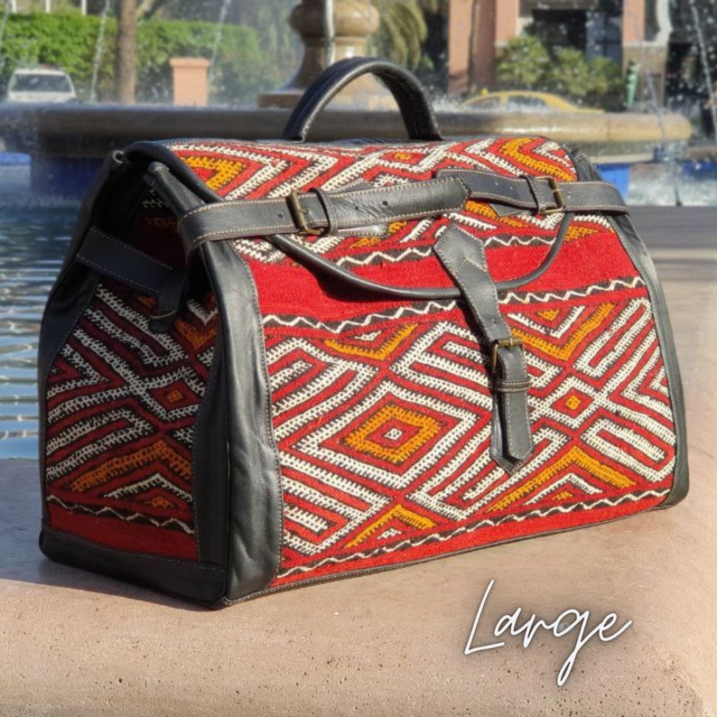 Large kilim travel bag, Moroccan Carpet Leather Weekend Bag, Vintage Carpet bag, briefcase kilim duffel bag, boho carpet bag, rug duffel bag image 5