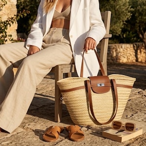 May include: A large woven straw tote bag with brown leather trim and a flap closure. Brown leather sandals, sunglasses, and a book are placed nearby. The scene is set outdoors in natural light, suggesting a summer theme.