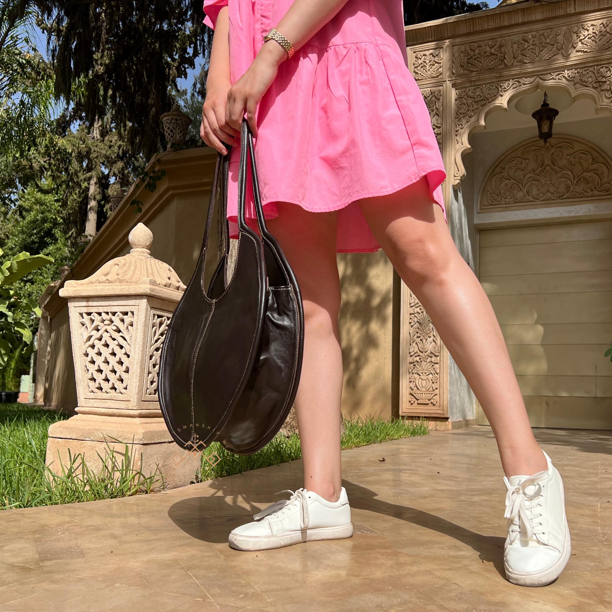 Oversized Round Leather Tote – Handmade Moroccan Bag – Large