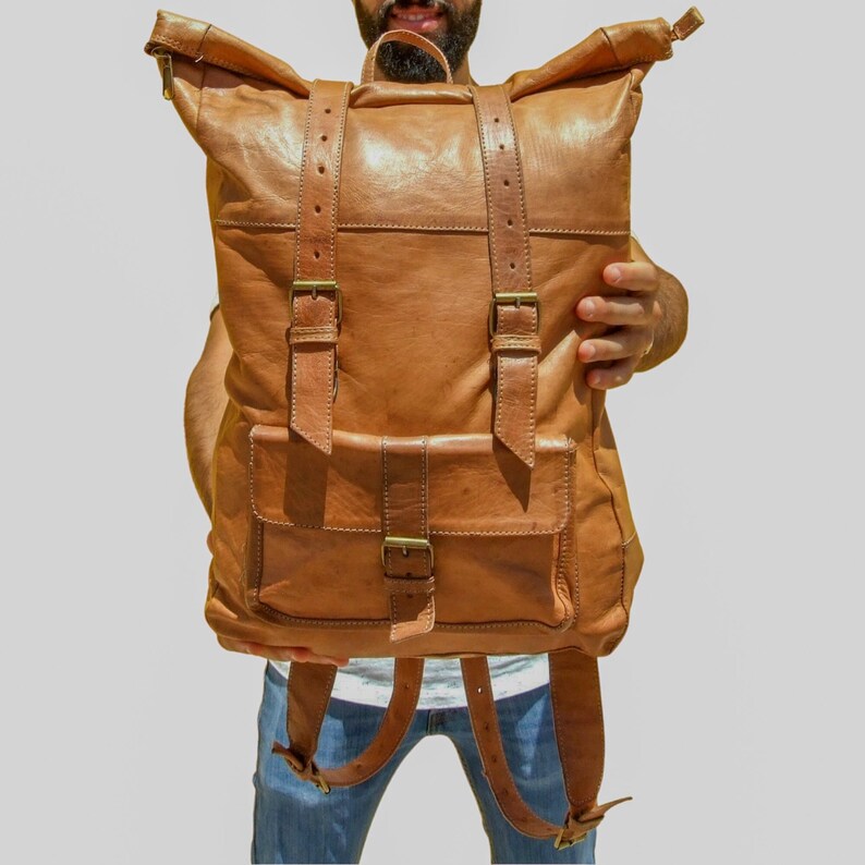 Roll Leather Backpack Men/ Leather Hiking Backpack for Men & Etsy
