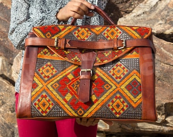 large kilim travel bag, Carpet Leather Weekend Bag, briefcase kilim duffel bag, boho carpet bag, rug duffel bags, Vintage Carpet bags.