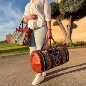 Handcrafted Shoulder kilim leather bag | Moroccan Kilim Leather Travel Weekend Bag | Roll top kilim leather backpack, gift for her
