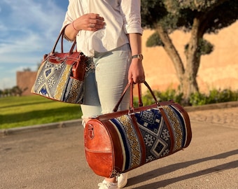 Handcrafted Shoulder kilim leather bag | Moroccan Kilim Leather Travel Weekend Bag | Roll top kilim leather backpack, gift for her