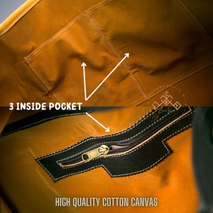 May include: Close-up of the inside of a brown canvas tote bag with three pockets. The bag has a zippered pocket and the text "3 INSIDE POCKET" and "HIGH QUALITY COTTON CANVAS".