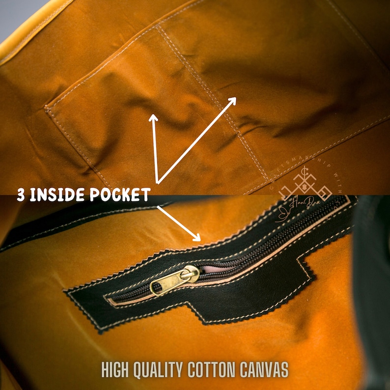 May include: Close-up of the inside of a brown canvas tote bag with three pockets. The bag has a zippered pocket and the text "3 INSIDE POCKET" and "HIGH QUALITY COTTON CANVAS".