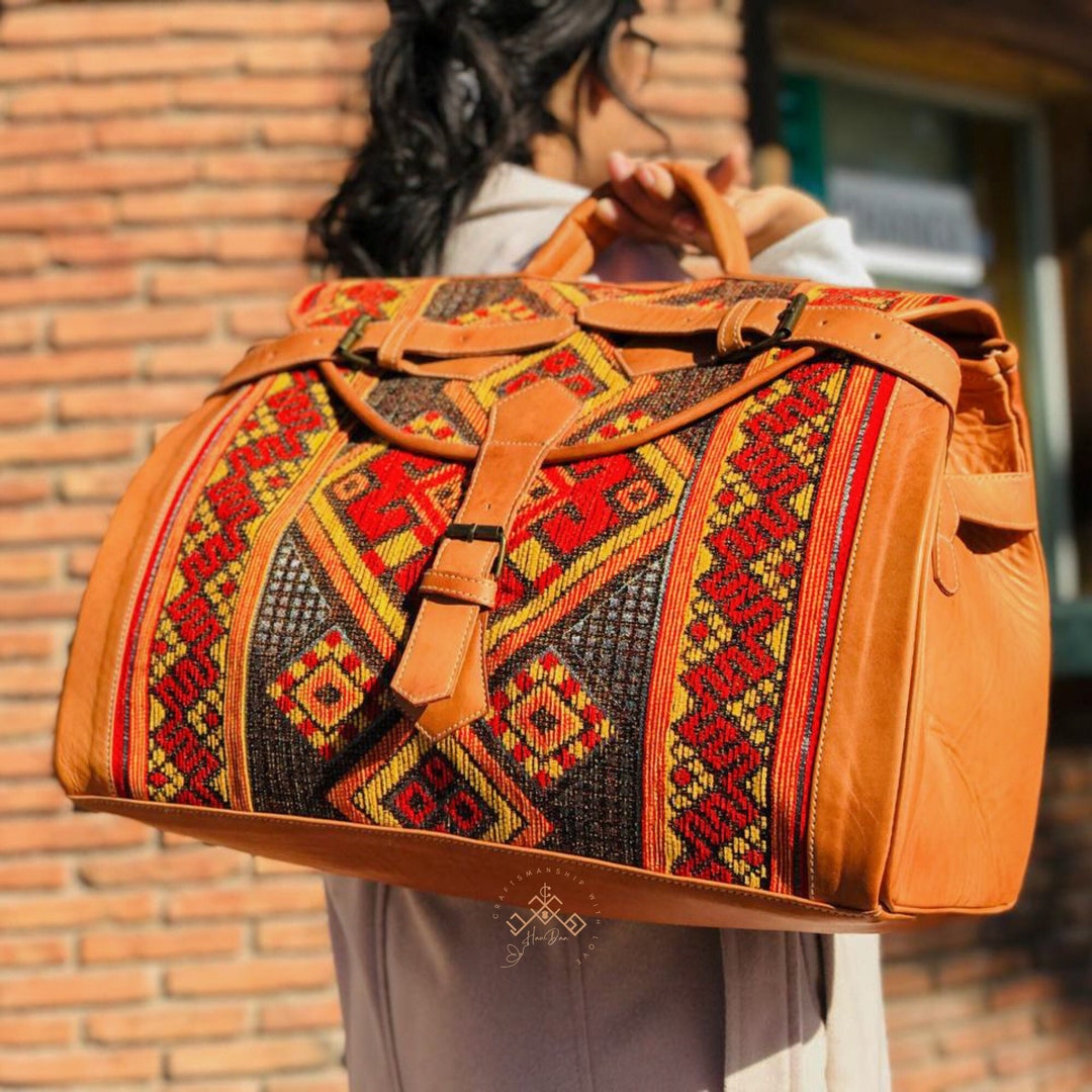 Personalized Kilim Travel Bag, Carpet Leather Weekend Bag, Briefcase