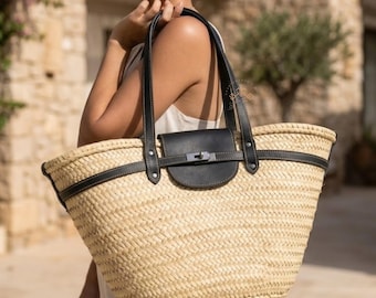 Large Black Straw Bag with Leather Handles, French Basket Tote, Handmade Moroccan Market Bag, Chic Boho Beach Bag, Summer Tote
