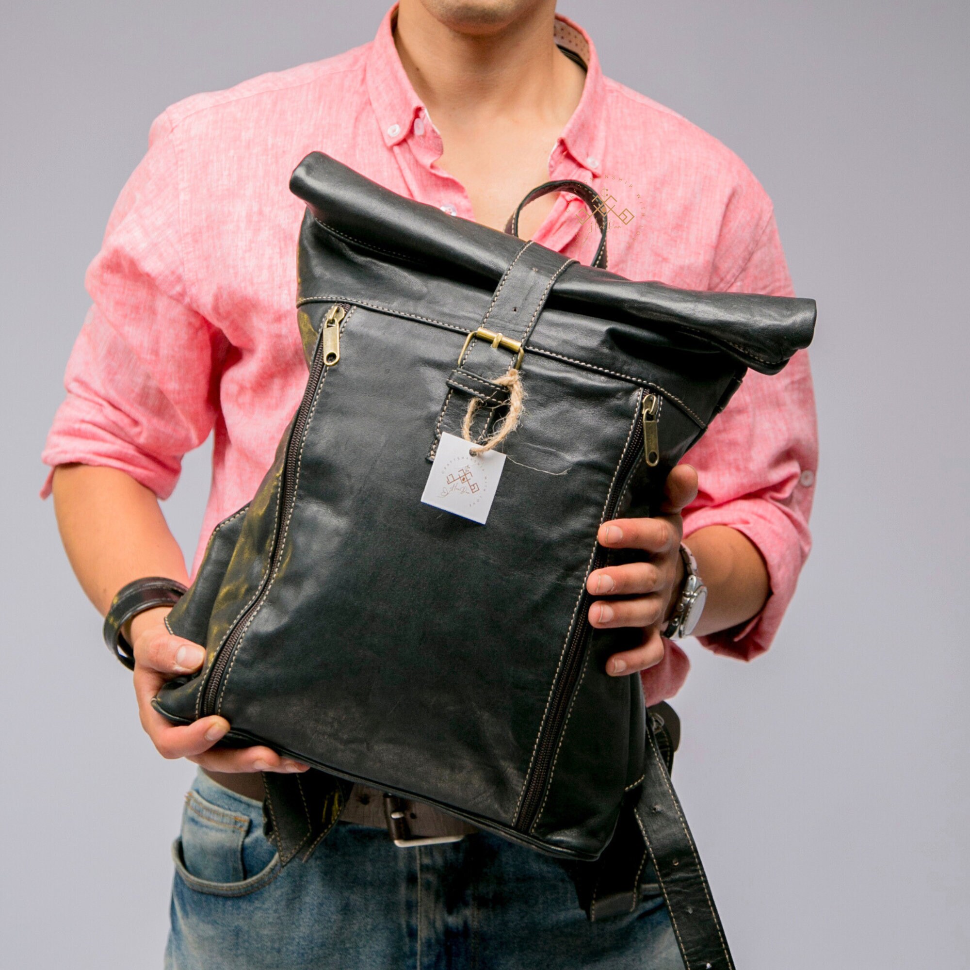 backpack leather unisex roll brand Adventurer Rolltop in Black handcrafted items is simple Windfront roll pack RUITERTASSEN