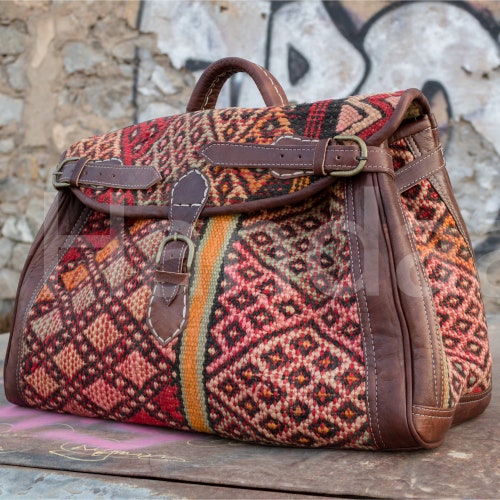 Kilim Weekender Leather Bags Kilim Travel Carpet Bags Boho Etsy