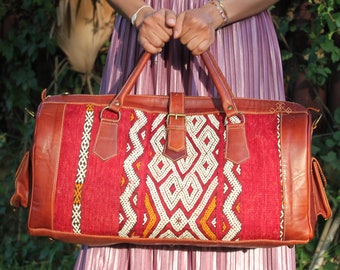 Personalized kilim Travel Bag, Boho Leather Travel Weekend Bag, Vintage Leather weekender Handmade Travel Duffel Bridesmaid Gift for Her