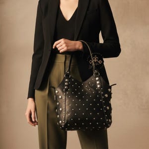 Personalized Studded Leather Shoulder Bag, Polka Dot Tote bags, Handmade Handbags with Rivet, Luxurious Leather Studded bags image 14