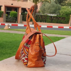 moroccan vintage style red kilim tote bag, women leather handbag, kilim travel handbag, kilim design red tote bag carpet shoulder bag image 2