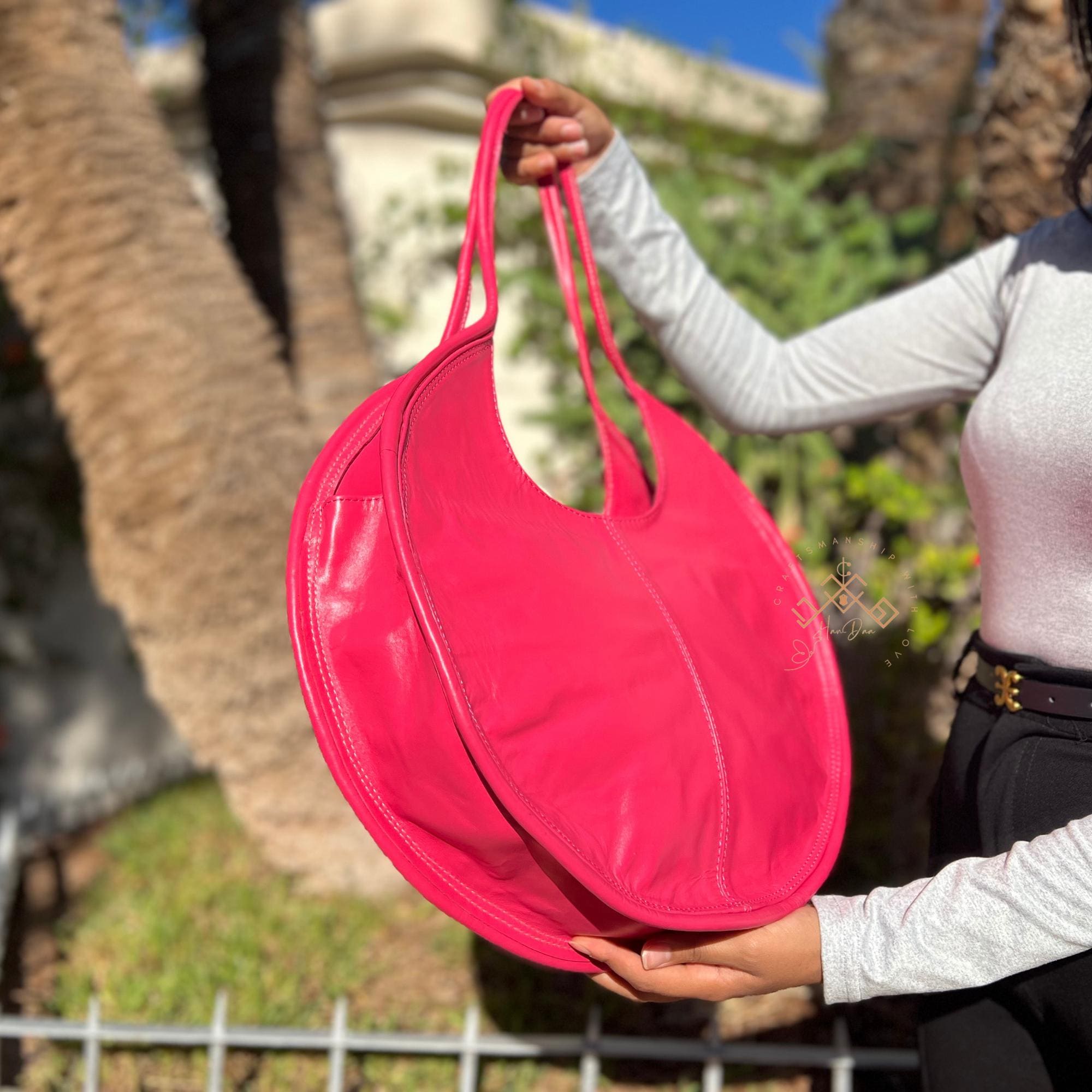 Personalized Soft Large Round Leather Shoulder Bag, Circle Handbag