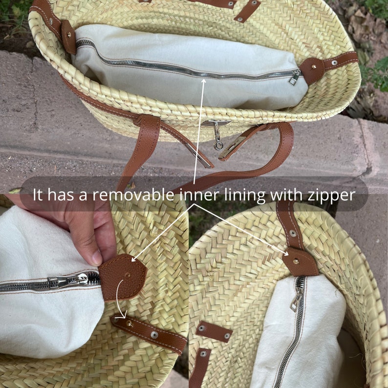 handmade large straw french baskets with leather straps, straw basket bag with leather handles, woven palm leaves basket with black handle image 3