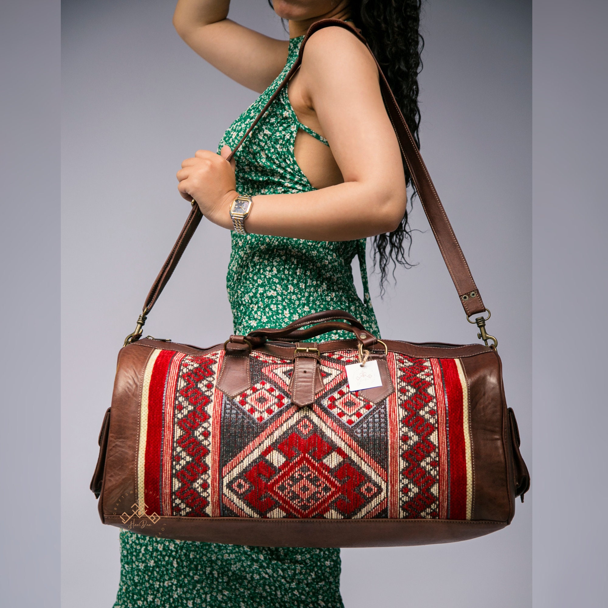 Red Kilim Travel Bag With Original Leather | Weekender Bag for