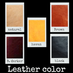 May include: Leather color swatches in six different colors: natural, havan, brown, black, and two shades of brown. The swatches are displayed in a grid format with the color names written below each swatch.
