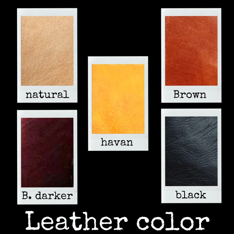 May include: Leather color swatches in six different colors: natural, havan, brown, black, and two shades of brown. The swatches are displayed in a grid format with the color names written below each swatch.