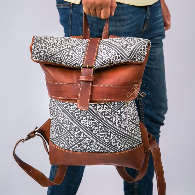 Moroccan handmade Kilim bohemian Roll top backpacks for women brown darker