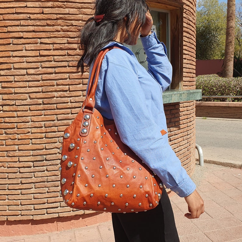 polka dot leather shoulder bag handmade rivet studded tote bag women image 8